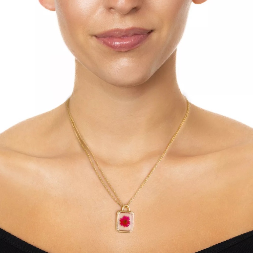 Bella Uno Gold Tone Pink Pressed Flower Padlock Necklace NWT MSRP $40